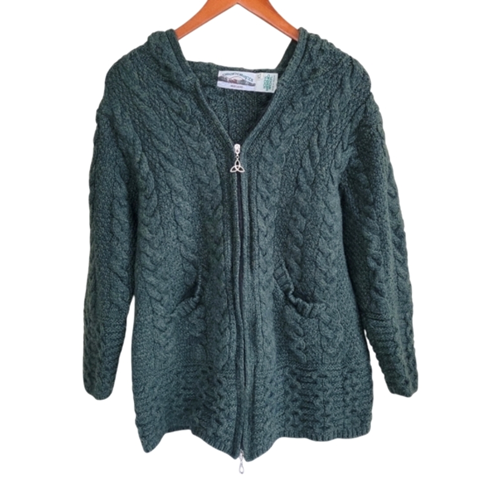 AranCrafts 100% Merino Wool Hooded Cardigan Full Zip Sweater Jacket Women's XS